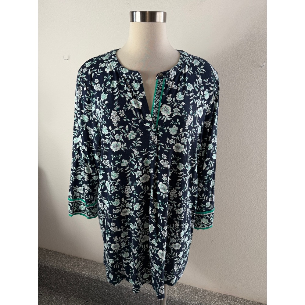 J Jill Wearever Womens Large Floral Tunic Top Blue Green White Viscose Stretch